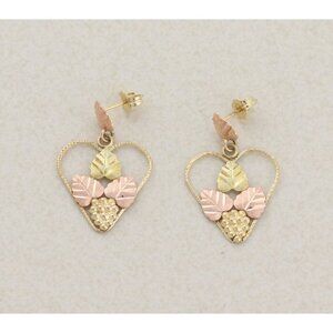 10k Yellow Gold Black Hills Gold Heart Leaf Earrings Dangle Drop 1" x 3/4"